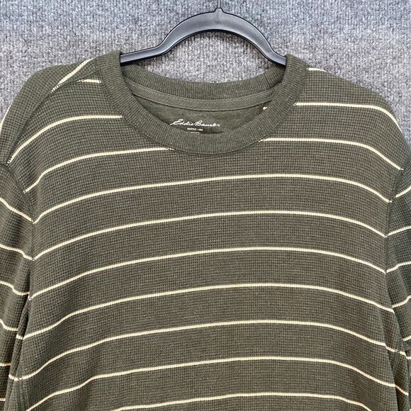Eddie Bauer Sweater Mens L Green Striped Thermal Waffle Knit Outdoor Hiking Crew - Picture 2 of 7